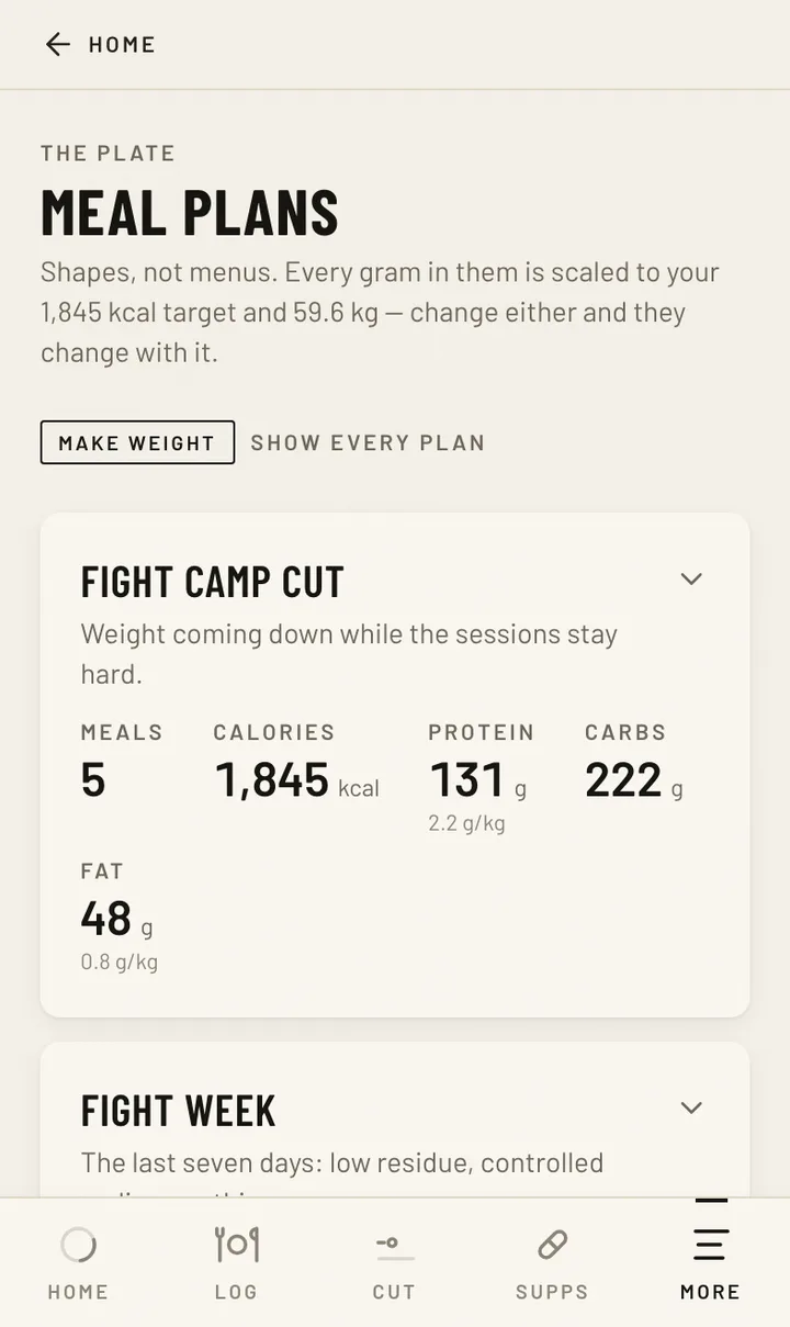 The Fighter Cut meals view for Mara Delgado, an invented flyweight four weeks out: a day's eating recorded as it happened around a 6am and a 7pm session, with the running daily protein and carbohydrate totals underneath — the totals being the part with evidence behind them, not the clock times beside each entry. FABRICATED — an example, never a client.
