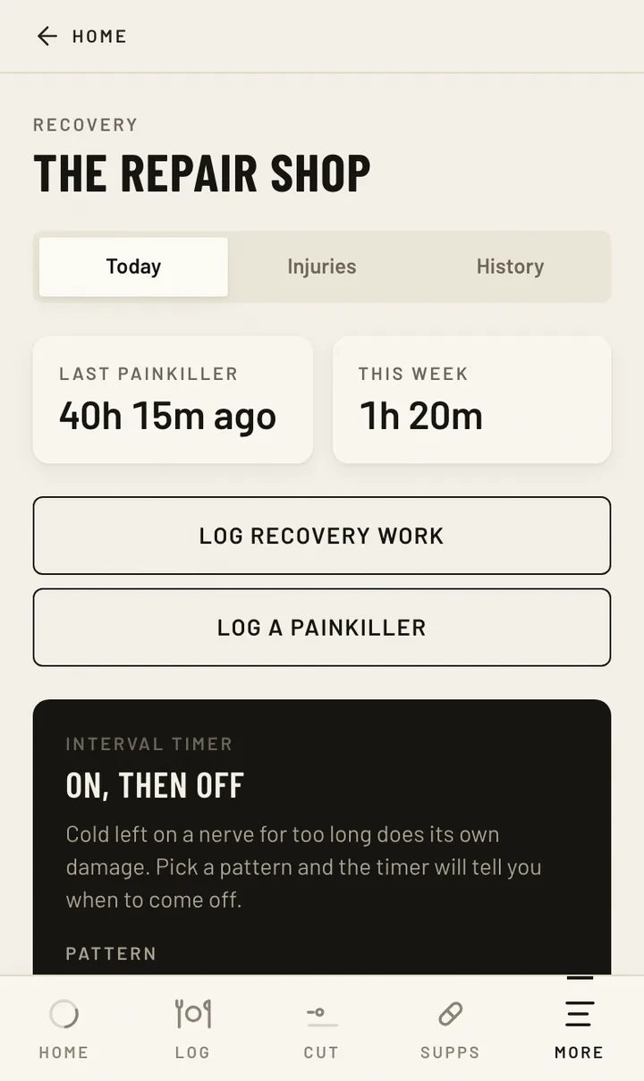 Invented athlete Mara Delgado's recovery screen in Fighter Cut: a trailing count of painkillers taken and recovery time logged this week. The module is a log and never a schedule — it carries no ceiling and no interval anywhere, by design, because a record is for taking to a clinician and a limit would be advice this app is not qualified to give.